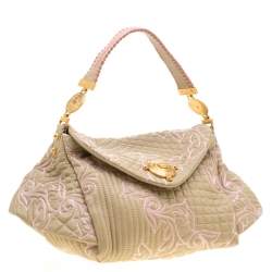 Versace Beige/Pink Quilted Barocco Leather Top Handle Bag