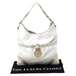Pre Owned Versace White/Silver Signature Fabric and Leather Hobo