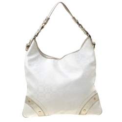 Pre Owned Versace White/Silver Signature Fabric and Leather Hobo