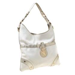 Pre Owned Versace White/Silver Signature Fabric and Leather Hobo