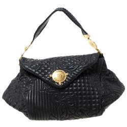 Versace Black Quilted Barocco Leather Top Handle Bag