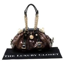 Pre Owned Versace Brown/Black Croc Embossed Patent Leather Madonna Boston Bag