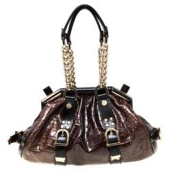 Pre Owned Versace Brown/Black Croc Embossed Patent Leather Madonna Boston Bag