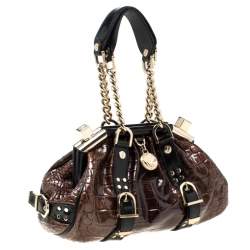 Pre Owned Versace Brown/Black Croc Embossed Patent Leather Madonna Boston Bag