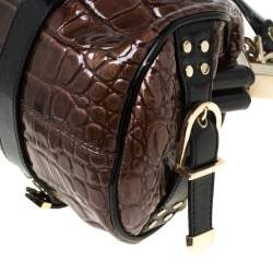 Pre Owned Versace Brown/Black Croc Embossed Patent Leather Madonna Boston Bag