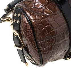Pre Owned Versace Brown/Black Croc Embossed Patent Leather Madonna Boston Bag