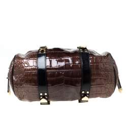 Pre Owned Versace Brown/Black Croc Embossed Patent Leather Madonna Boston Bag