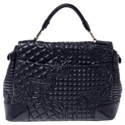 Pre Owned Versace Black Barocco Leather Altea Top Handle Bag