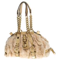 Versace Beige Rabbit Fur and Python Satchel