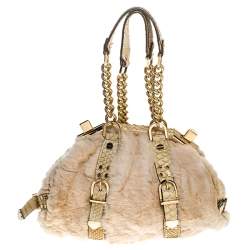 Versace Beige Rabbit Fur and Python Satchel
