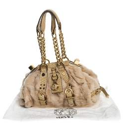 Versace Beige Rabbit Fur and Python Satchel