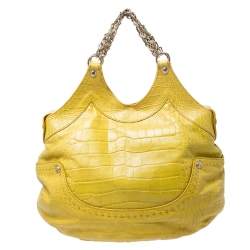 Pre Owned Versace Yellow Croc Embossed Leather Kiss Satchel