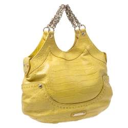 Pre Owned Versace Yellow Croc Embossed Leather Kiss Satchel