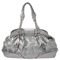 Versace Metallic Silver Leather Chain Link Satchel