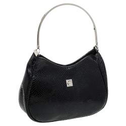 Versace Black Snakeskin Embossed Leather Metal Handle Hobo