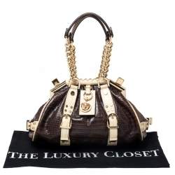 Pre Owned Versace Brown/Cream Croc Embossed Leather Madonna Boston Bag