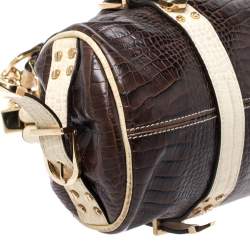 Pre Owned Versace Brown/Cream Croc Embossed Leather Madonna Boston Bag