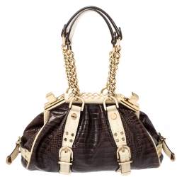 Pre Owned Versace Brown/Cream Croc Embossed Leather Madonna Boston Bag