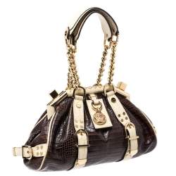Pre Owned Versace Brown/Cream Croc Embossed Leather Madonna Boston Bag