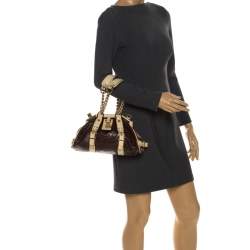 Pre Owned Versace Brown/Cream Croc Embossed Leather Madonna Boston Bag