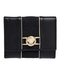 Versace Black Canvas and Leather Compact Wallet