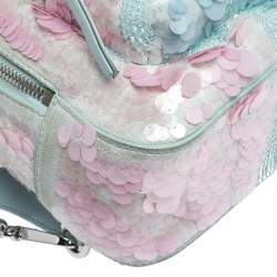Pre Owned Versace Light Blue Suede and Leather Embellished Sequin Palazzo Medusa Backpack