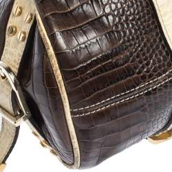 Versace Brown/Cream Croc Embossed Leather Medusa Satchel