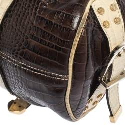 Versace Brown/Cream Croc Embossed Leather Medusa Satchel