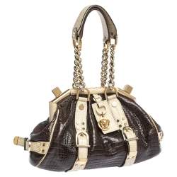 Versace Brown/Cream Croc Embossed Leather Medusa Satchel