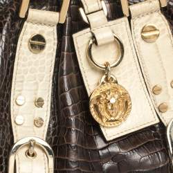 Versace Brown/Cream Croc Embossed Leather Medusa Satchel