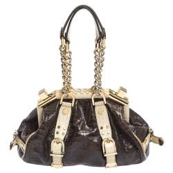 Versace Brown/Cream Croc Embossed Leather Medusa Satchel