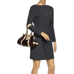 Versace Brown/Cream Croc Embossed Leather Medusa Satchel
