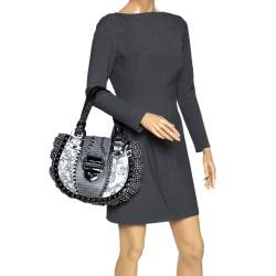 Versace Black/Green Printed Leather Studded Ruffle Hobo