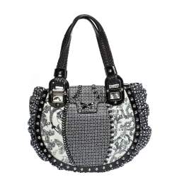 Versace Black/Green Printed Leather Studded Ruffle Hobo