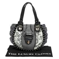 Versace Black/Green Printed Leather Studded Ruffle Hobo