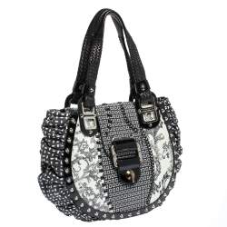 Versace Black/Green Printed Leather Studded Ruffle Hobo