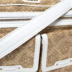 Pre Owned Versace White/Beige Medusa Print Fabric and Leather Double Pocket Expandable Shoulder Bag