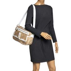 Versace White/Beige Medusa Print Fabric and Leather Double Pocket Expandable Shoulder Bag