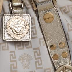 Pre Owned Versace Beige/Metallic Canvas and Leather Madonna Boston Bag