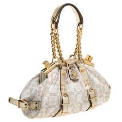 Pre Owned Versace Beige/Metallic Canvas and Leather Madonna Boston Bag