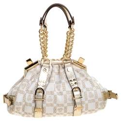 Pre Owned Versace Beige/Metallic Canvas and Leather Madonna Boston Bag