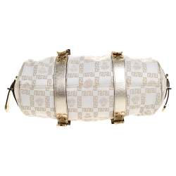 Pre Owned Versace Beige/Metallic Canvas and Leather Madonna Boston Bag