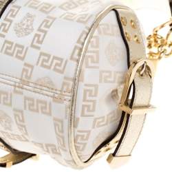 Pre Owned Versace Beige/Metallic Canvas and Leather Madonna Boston Bag