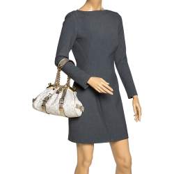Pre Owned Versace Beige/Metallic Canvas and Leather Madonna Boston Bag
