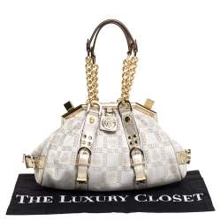 Pre Owned Versace Beige/Metallic Canvas and Leather Madonna Boston Bag