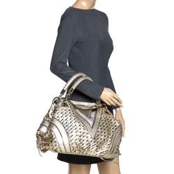 Pre Owned Versace Metallic Gold Woven Leather Crystal Embellished V Satchel