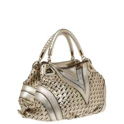 Pre Owned Versace Metallic Gold Woven Leather Crystal Embellished V Satchel