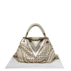 Pre Owned Versace Metallic Gold Woven Leather Crystal Embellished V Satchel