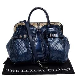 Versace Blue Striped Patent Leather Studded Frame Satchel 