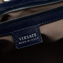 Versace Blue Striped Patent Leather Studded Frame Satchel 